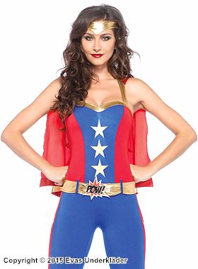 Wonder Woman, Kostüm-Body, Gürtel, Mantel, Stirnband, Sterne